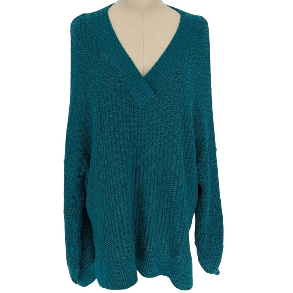 Falls Creek Teal V Neck‎ Knit Sweater XL Cotton Acrylic w/ Balloon Sleeves